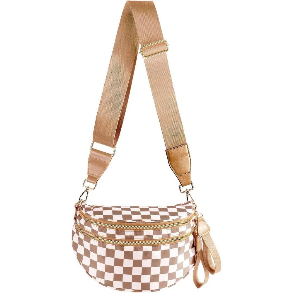 Women Light Brown Imported Polyester Checkered Crossbody Fanny Belt Bum Bag - Picture 1 of 5